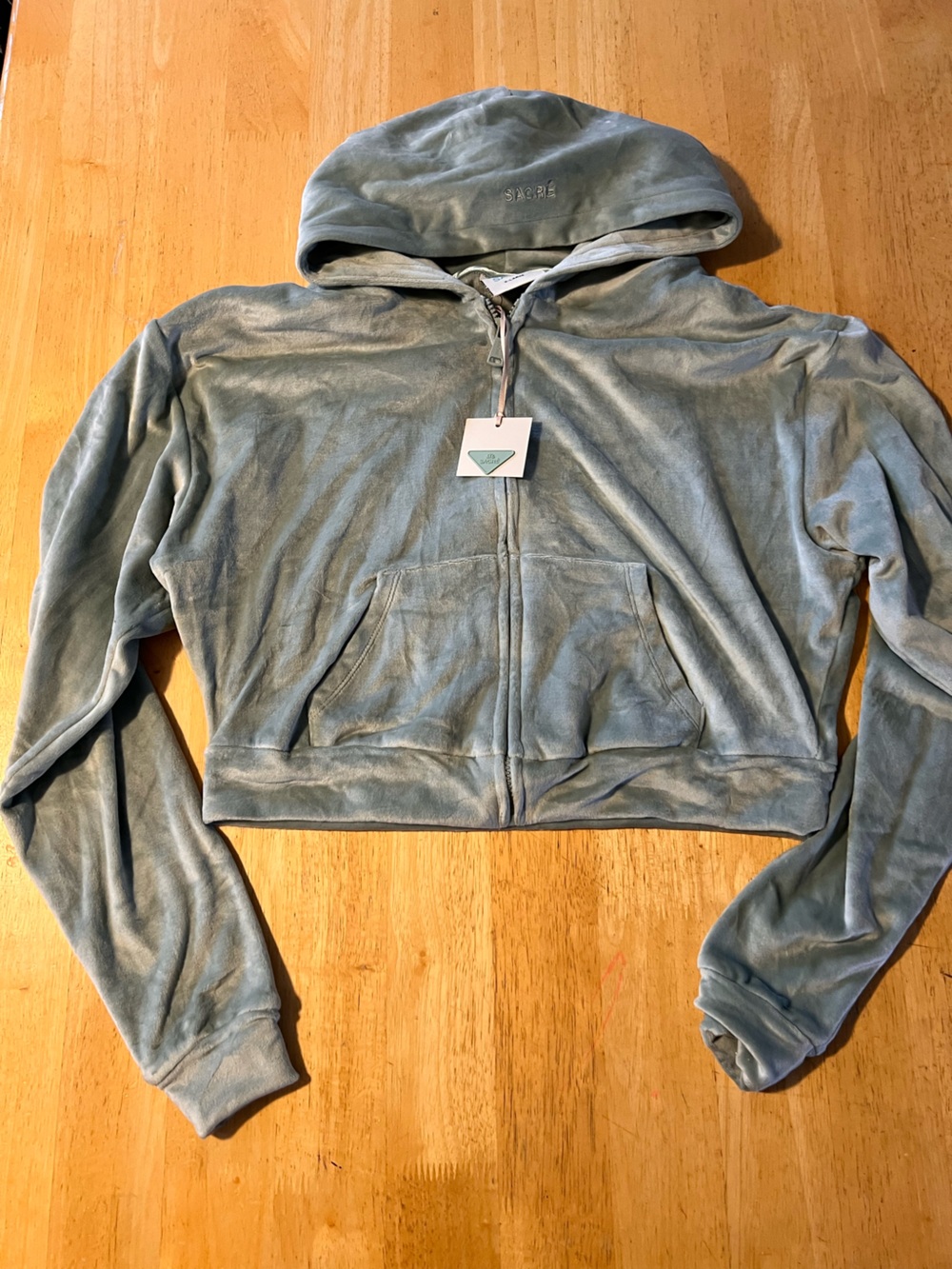 SACRE Velour Zip Hoodie - Light Blue/green Cropped Hooded Sweatshirt